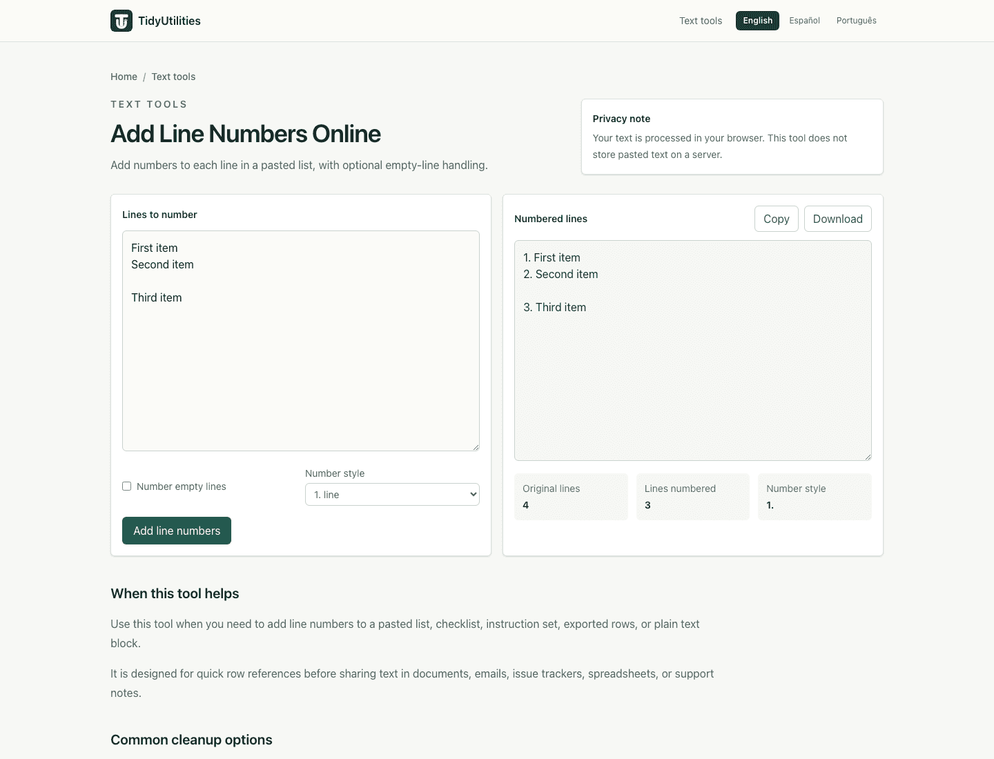 Screenshot of Add Line Numbers Online showing sample input, selected options, and the generated output