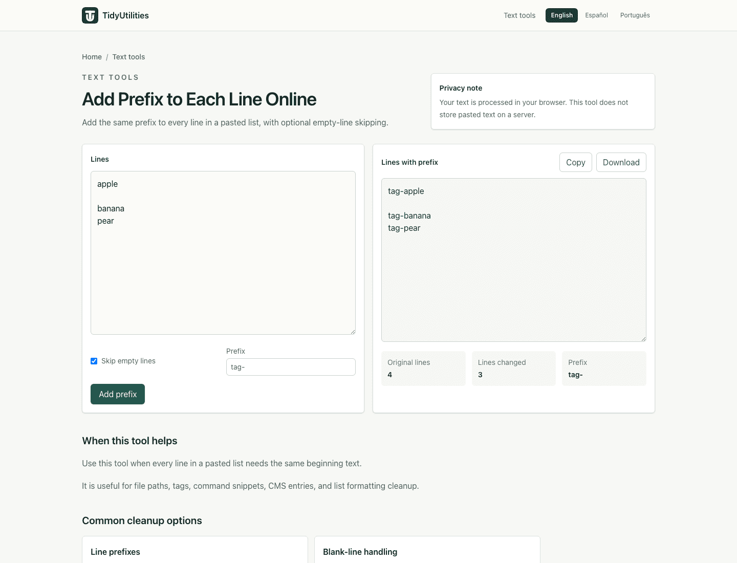 Screenshot of Add Prefix to Each Line Online showing sample input, selected options, and the generated output