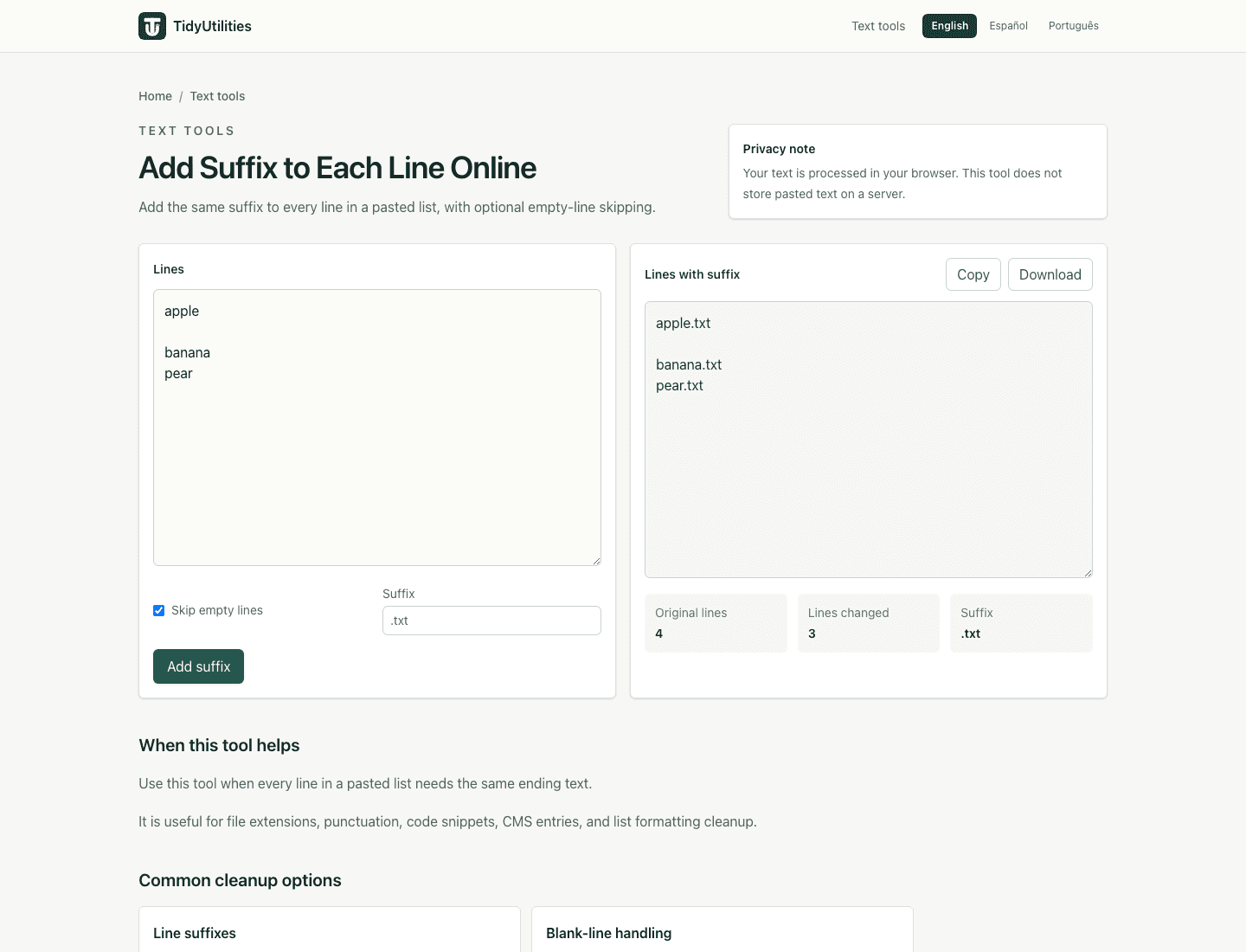 Screenshot of Add Suffix to Each Line Online showing sample input, selected options, and the generated output