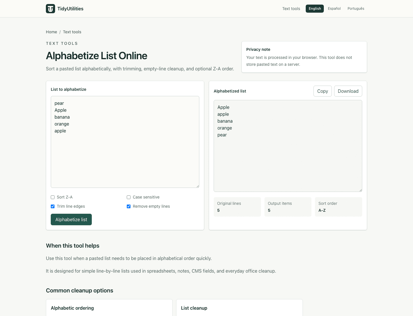 Screenshot of Free List Alphabetizer - Sort A-Z, Z-A, Dedupe showing sample input, selected options, and the generated output