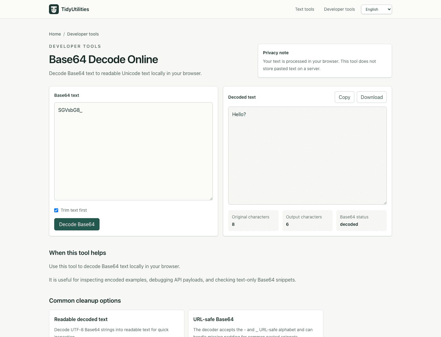 Screenshot of Base64 Decode Online showing sample input, selected options, and the generated output