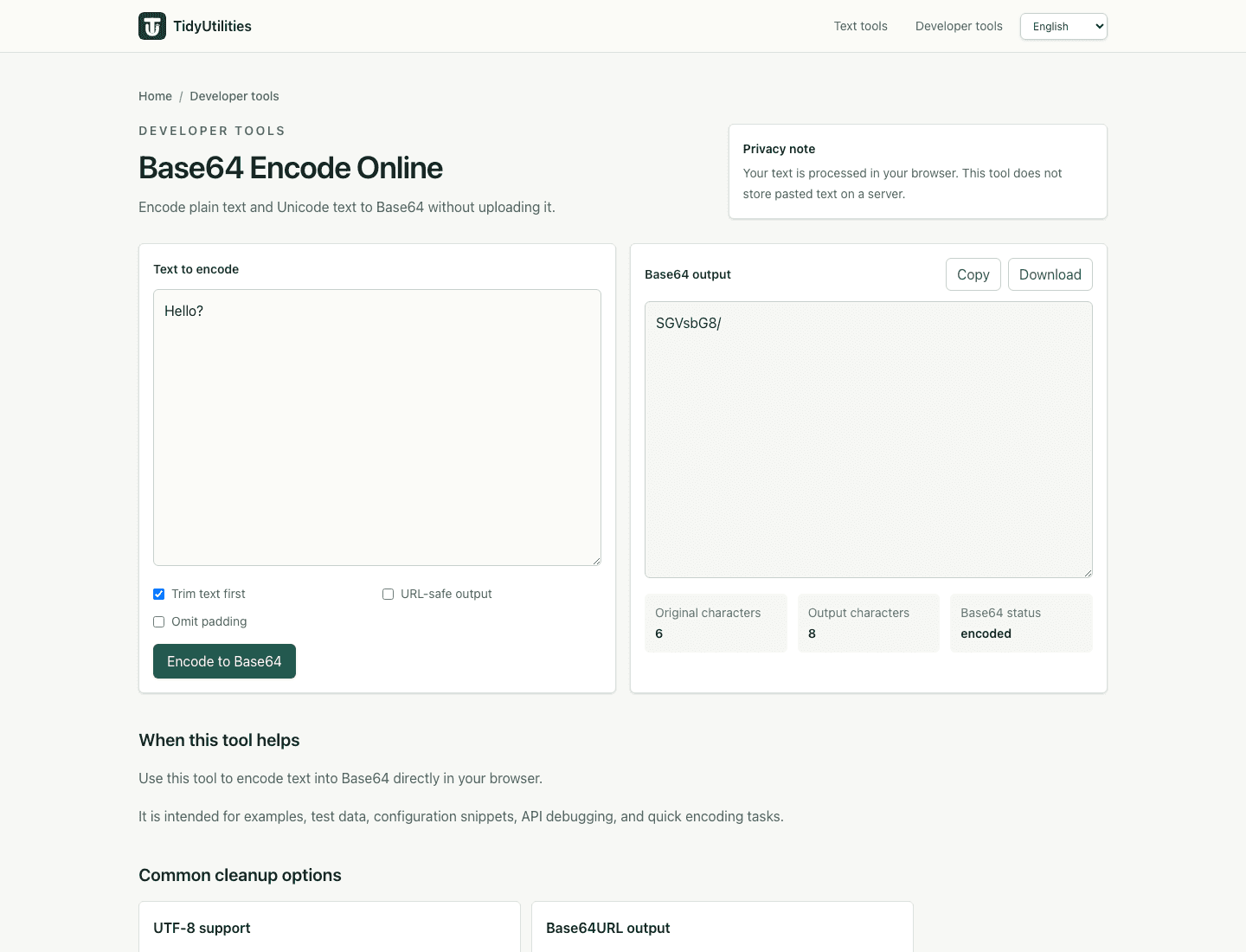 Screenshot of Base64 Encode Online showing sample input, selected options, and the generated output