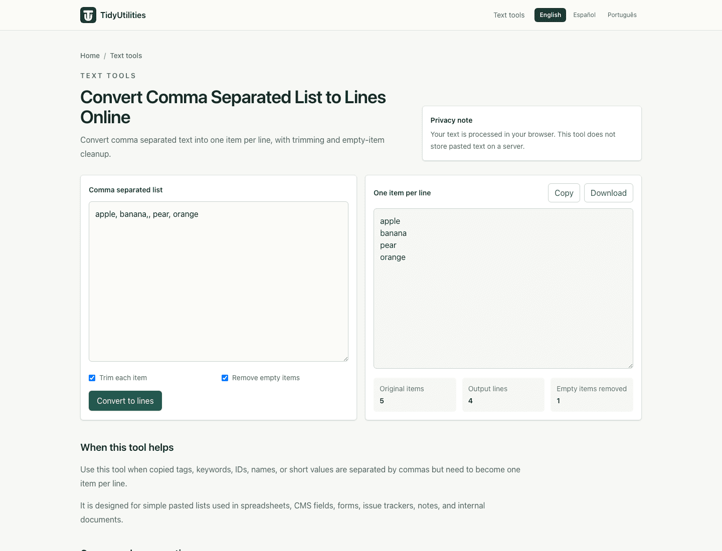 Screenshot of Convert Comma Separated List to Lines Online showing sample input, selected options, and the generated output