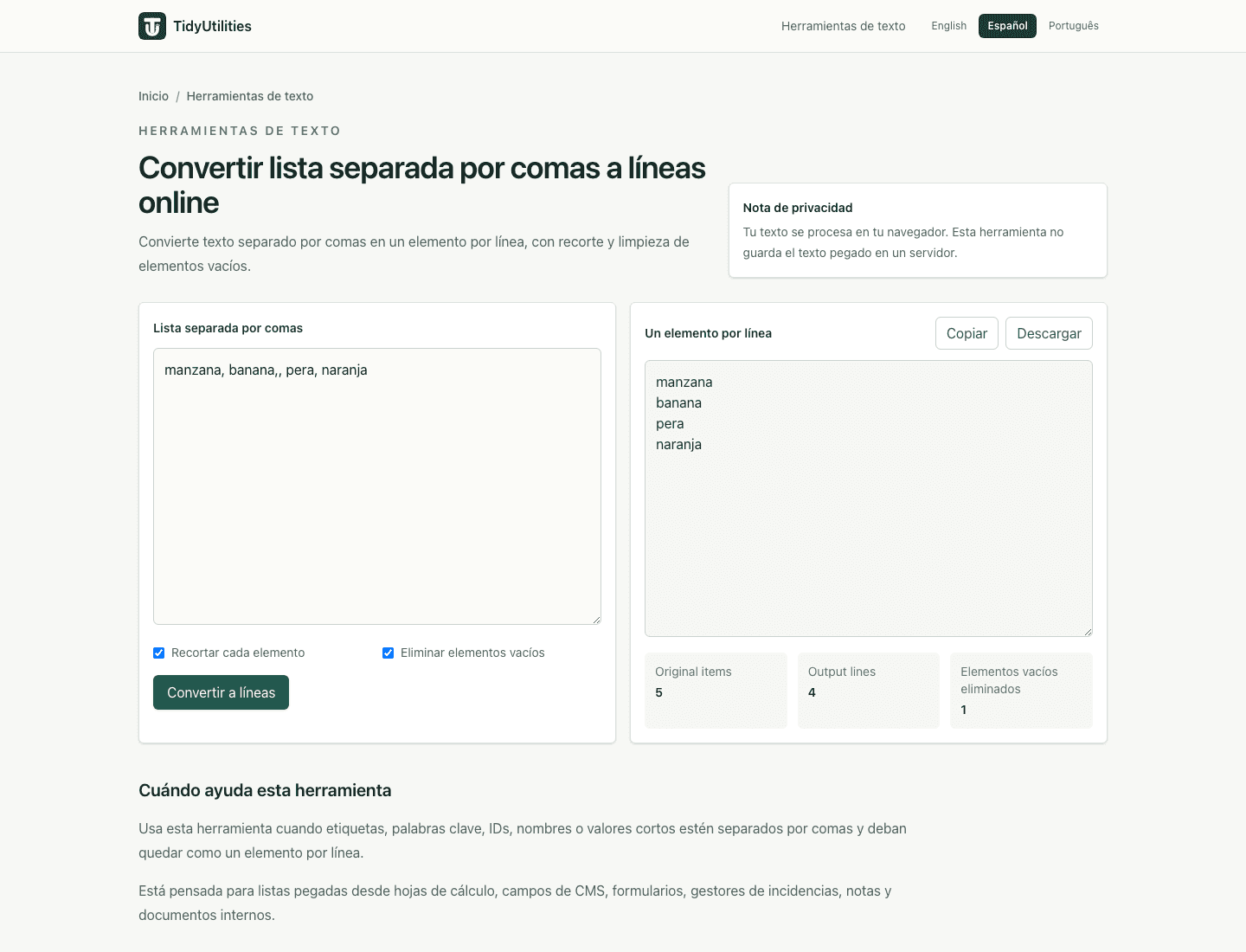 Captura de Convertir lista separada por comas a líneas online con texto de muestra, opciones seleccionadas y salida generada