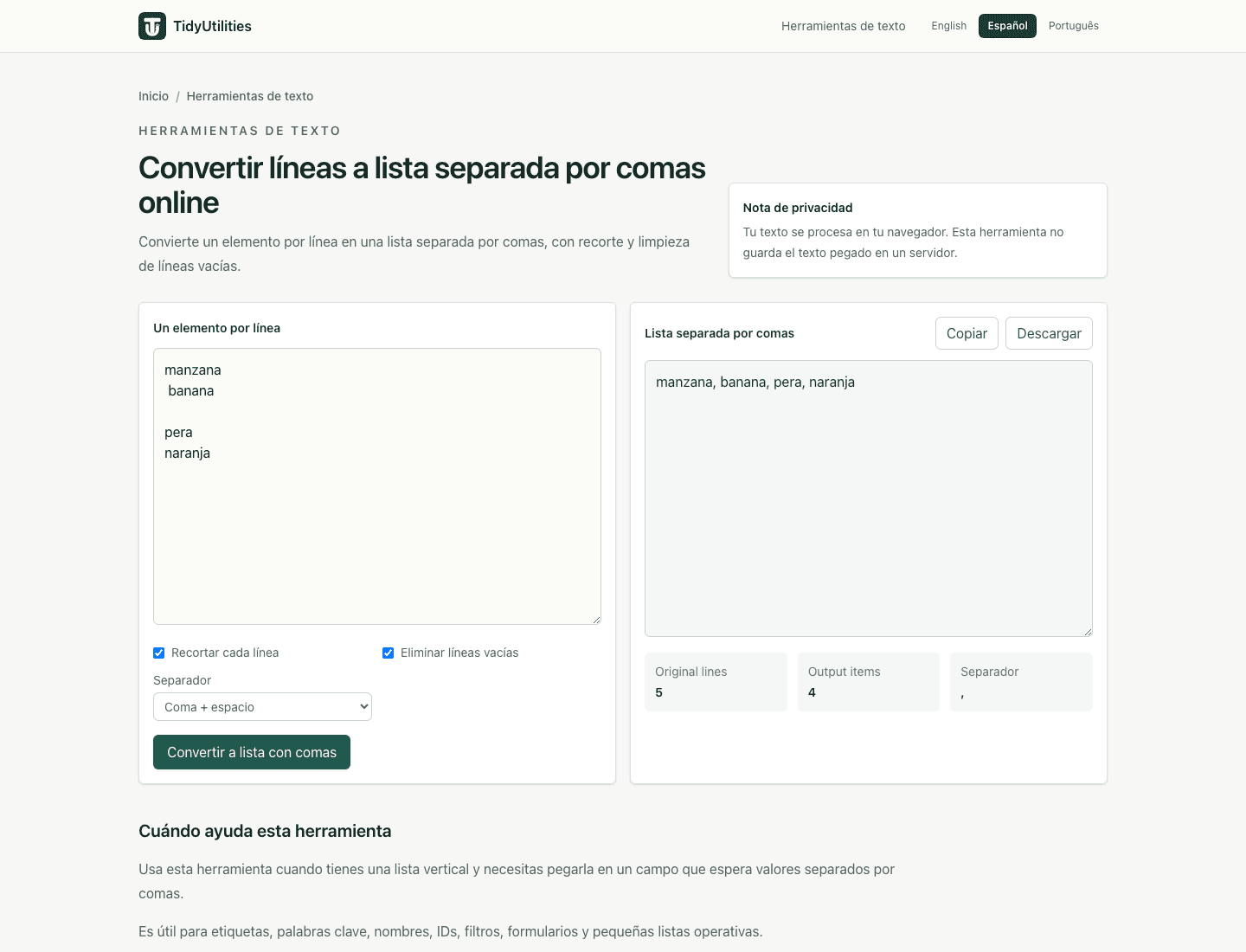 Captura de Convertir líneas a lista separada por comas online con texto de muestra, opciones seleccionadas y salida generada