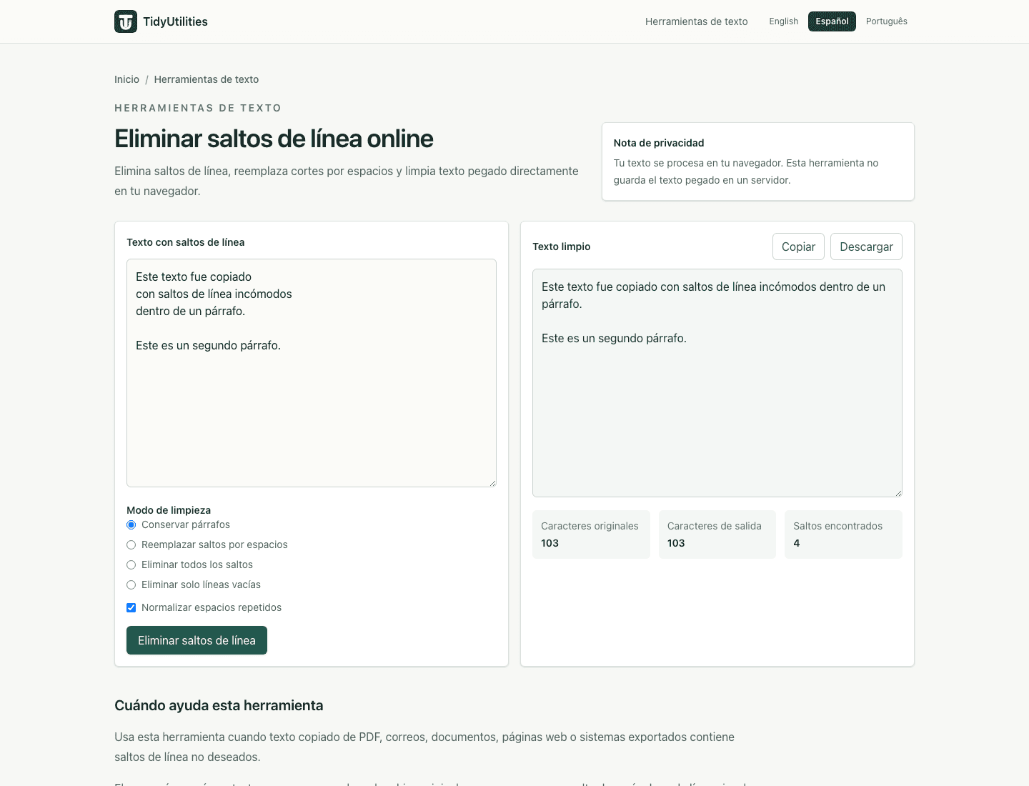 Captura de Eliminar saltos de línea online con texto de muestra, opciones seleccionadas y salida generada