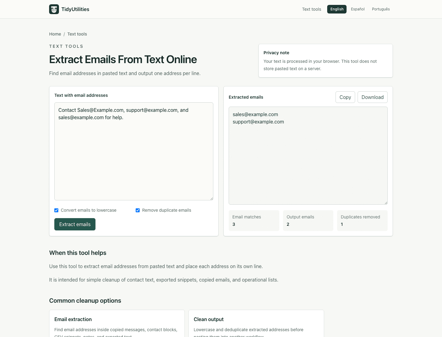 Screenshot of Extract Emails From Text Online showing sample input, selected options, and the generated output