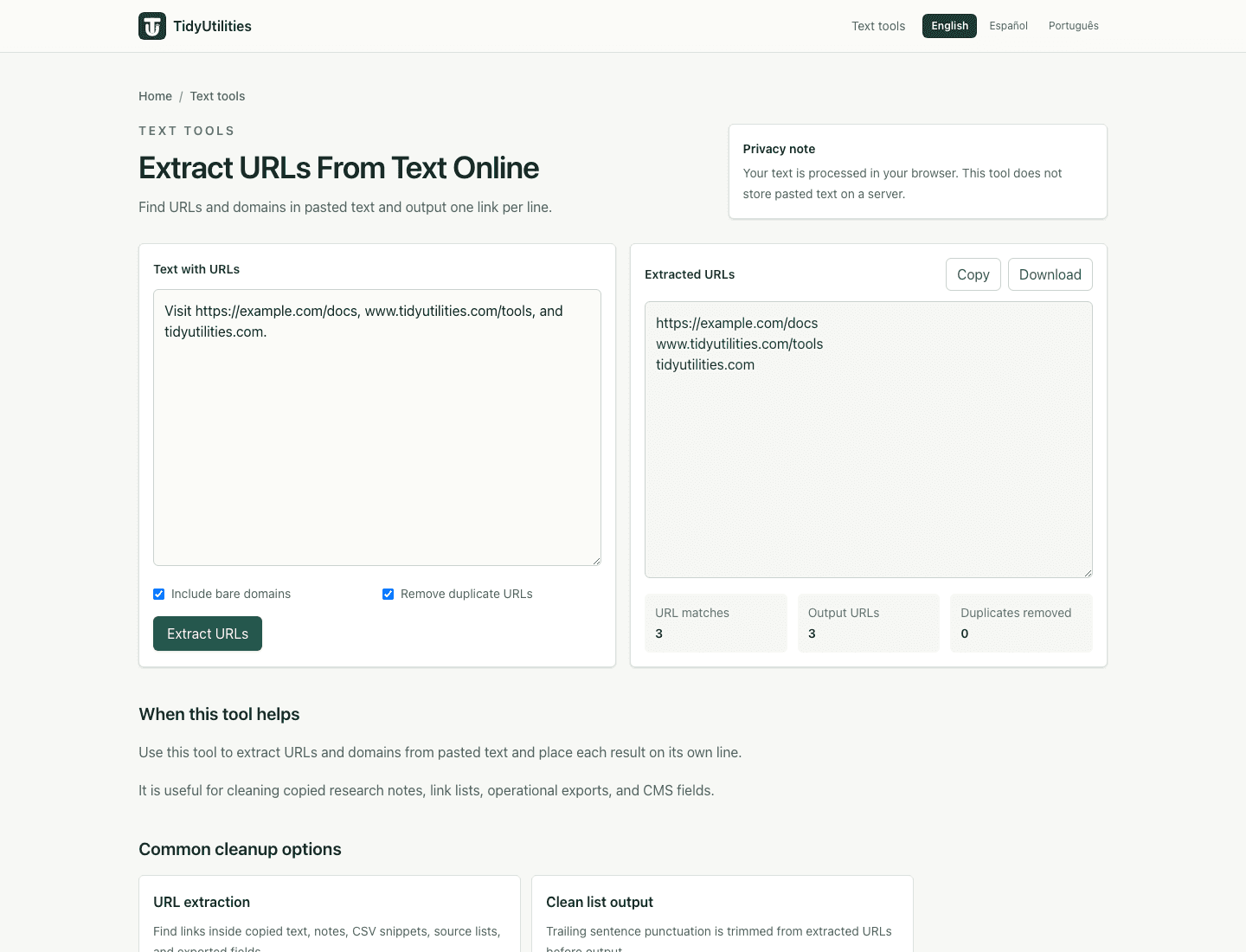 Screenshot of Extract URLs From Text Online showing sample input, selected options, and the generated output