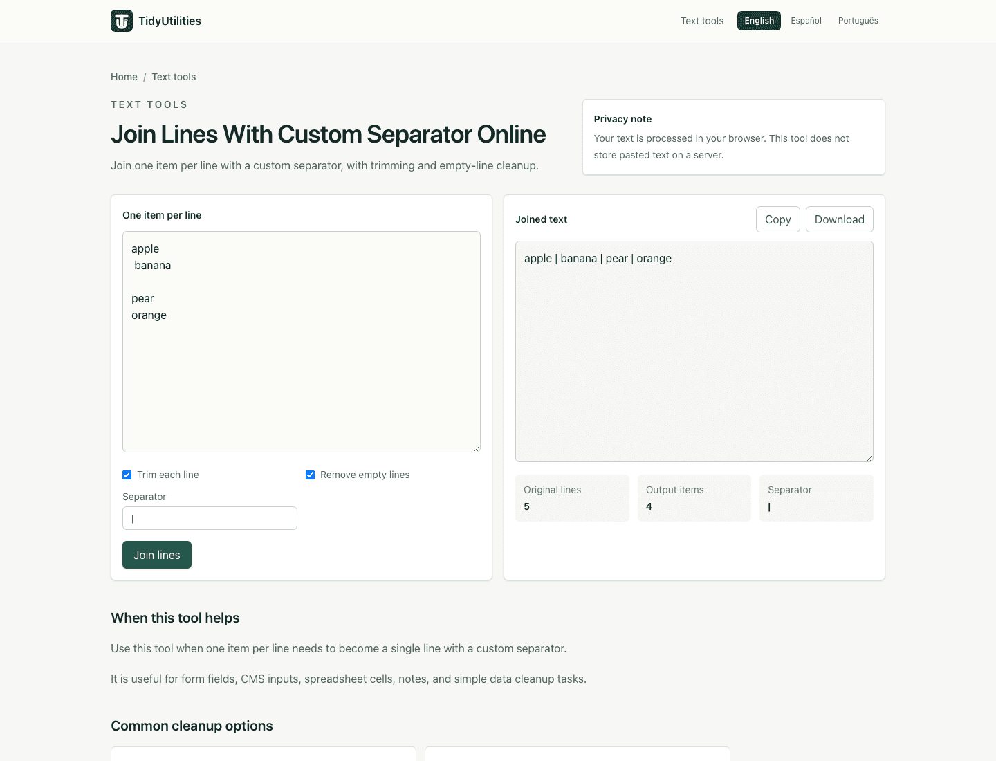 Screenshot of Join Lines With Custom Separator Online showing sample input, selected options, and the generated output