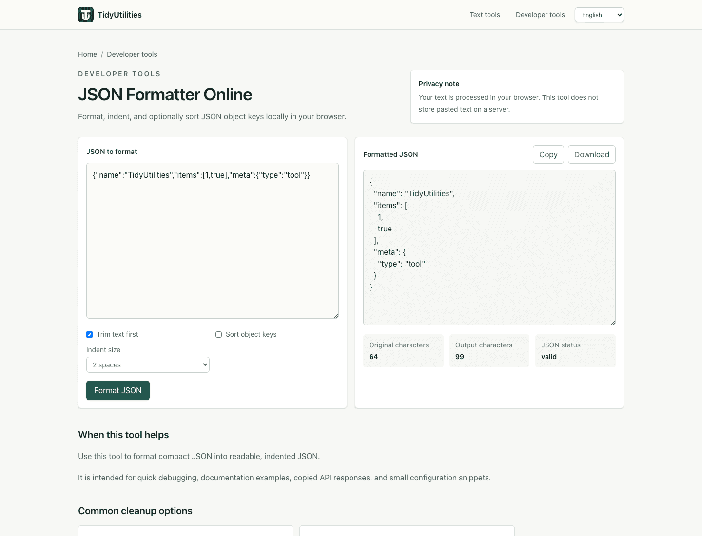 Screenshot of JSON Formatter Online showing sample input, selected options, and the generated output