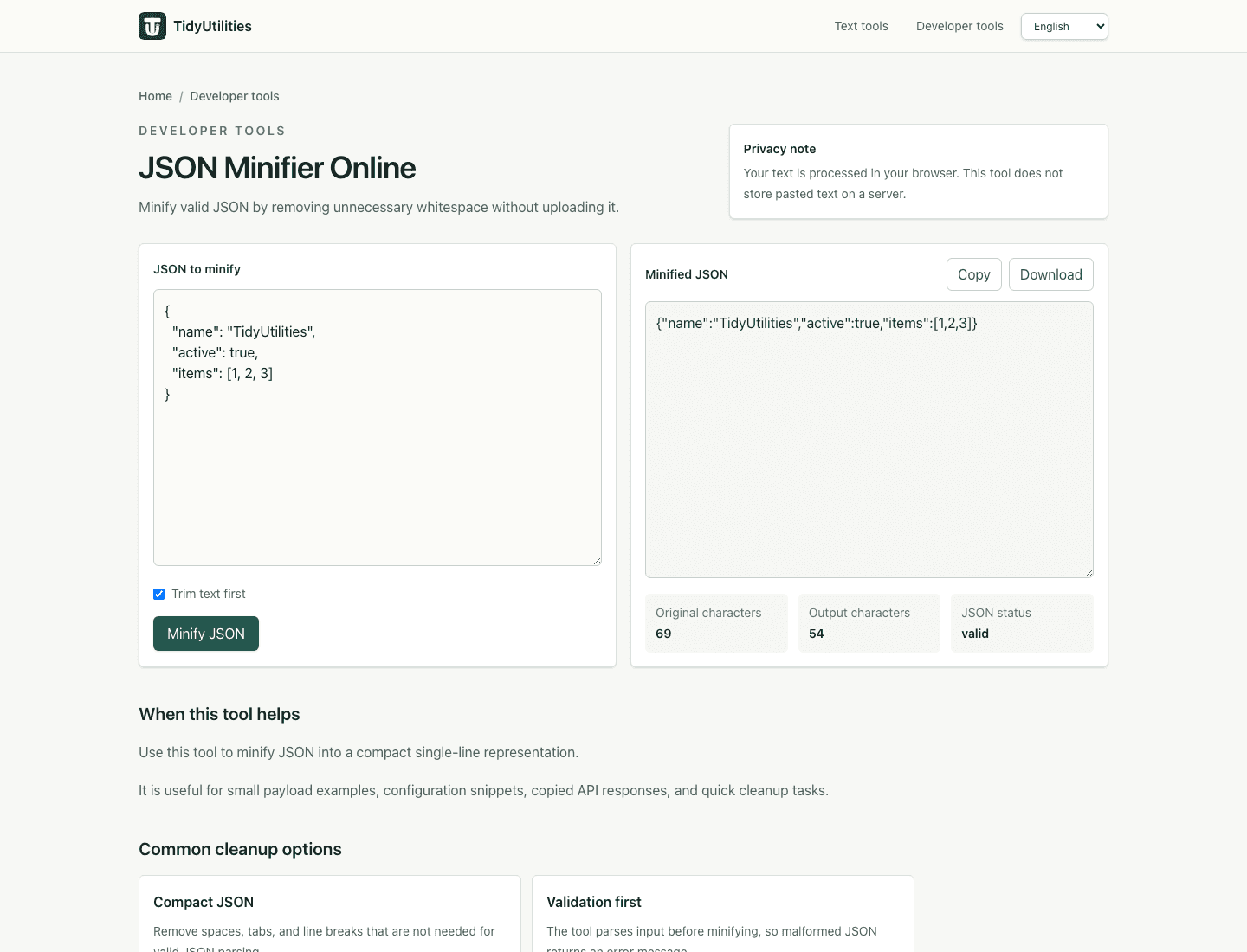 Screenshot of JSON Minifier Online showing sample input, selected options, and the generated output