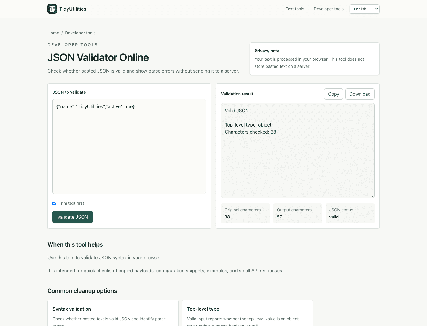 Screenshot of JSON Validator Online showing sample input, selected options, and the generated output