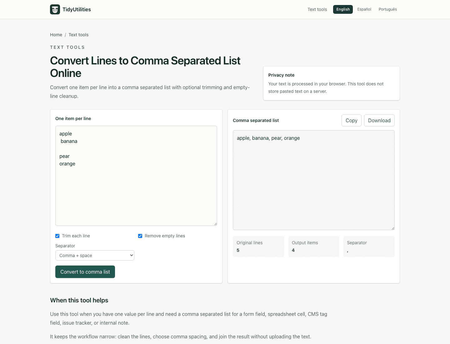 Screenshot of Convert Lines to Comma Separated List Online showing sample input, selected options, and the generated output