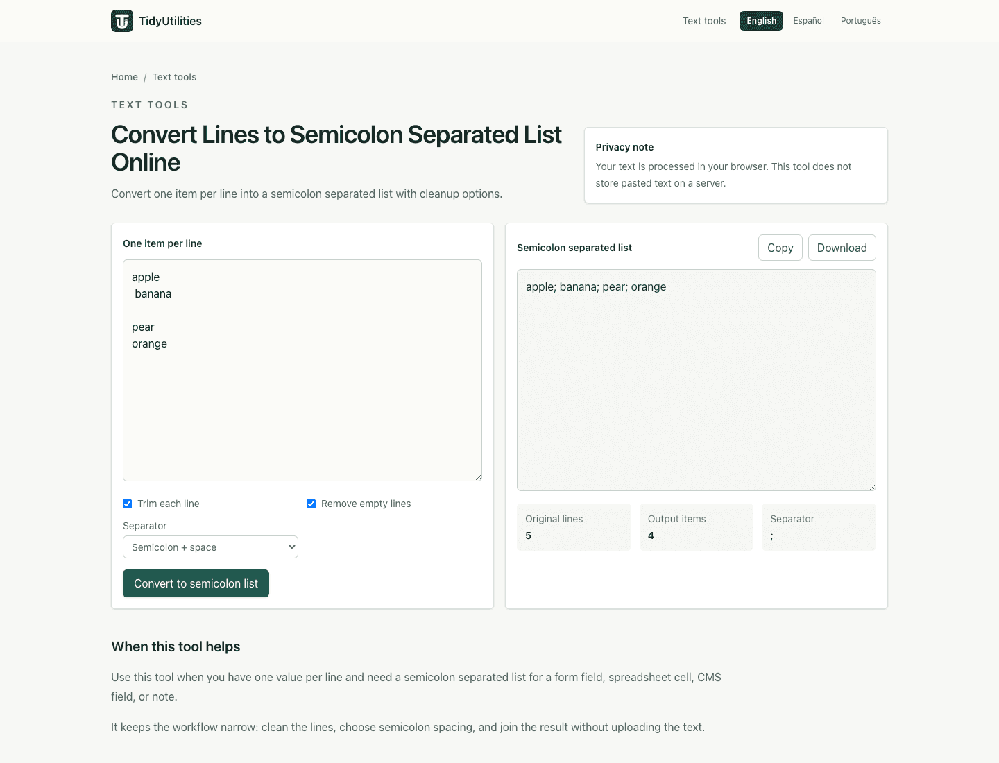 Screenshot of Lines to Semicolon List - Browser Converter showing sample input, selected options, and the generated output