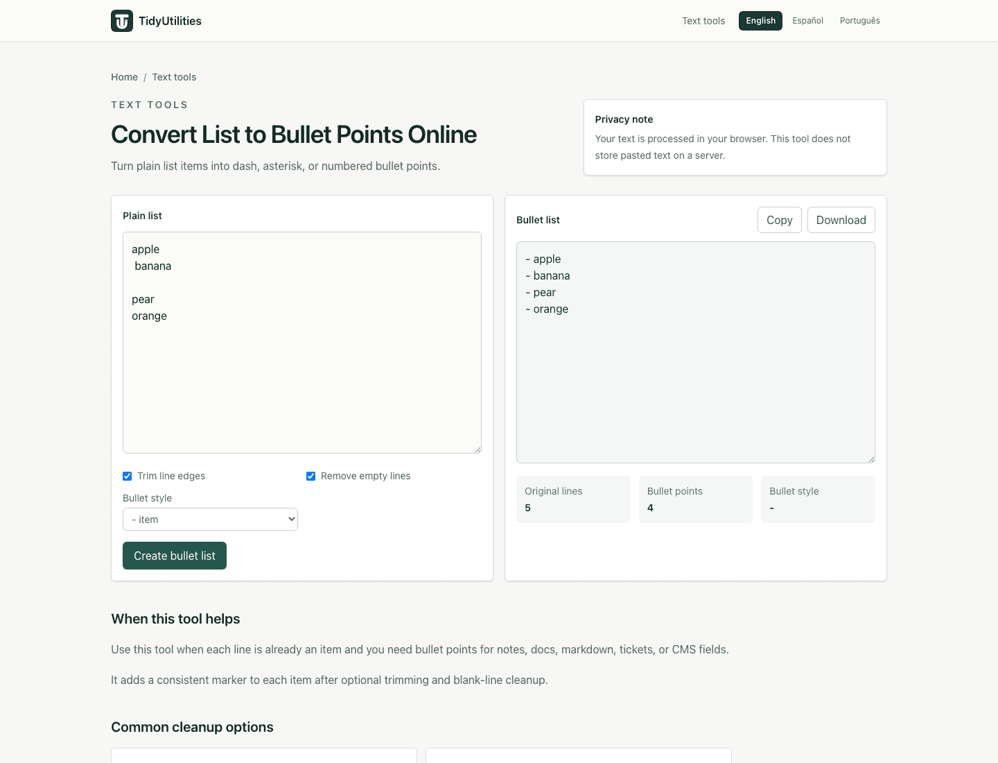 Screenshot of Convert List to Bullet Points Online showing sample input, selected options, and the generated output
