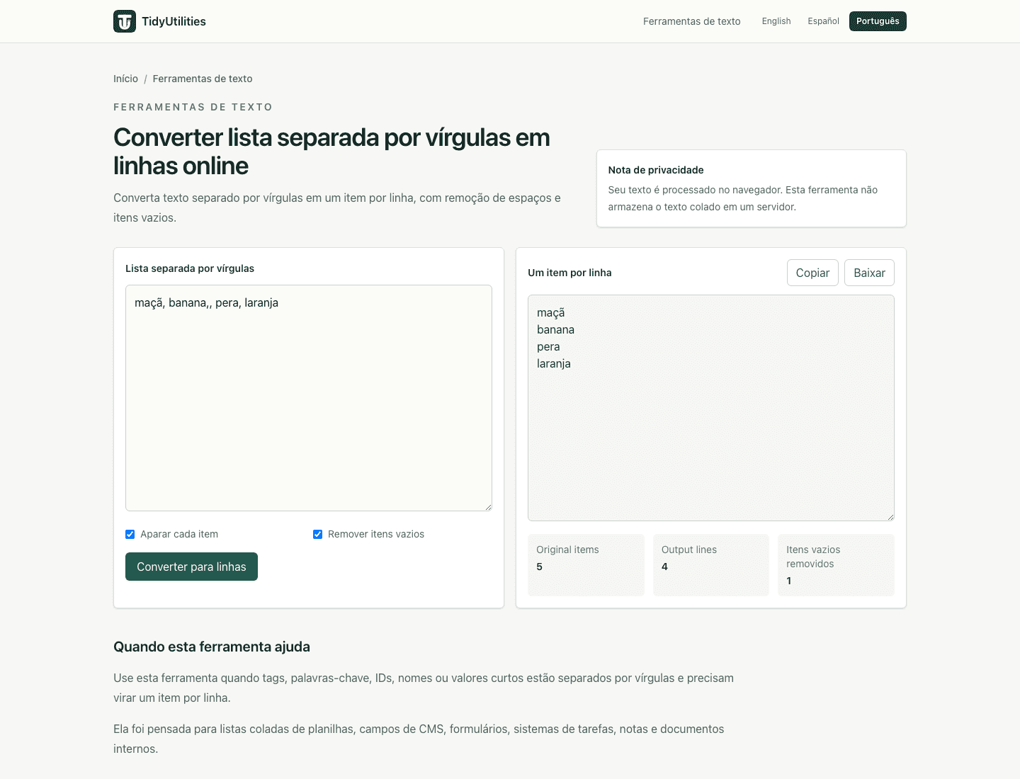 Captura de tela de Converter lista separada por vírgulas em linhas online com texto de amostra, opções selecionadas e saída gerada