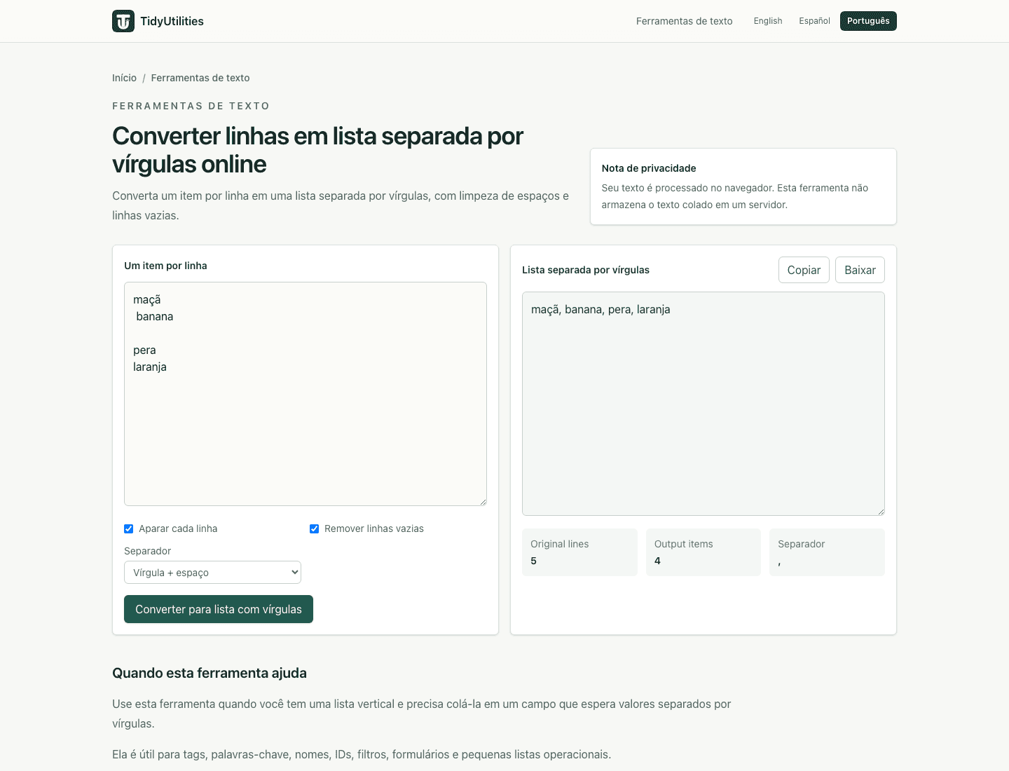 Captura de tela de Converter linhas em lista separada por vírgulas online com texto de amostra, opções selecionadas e saída gerada