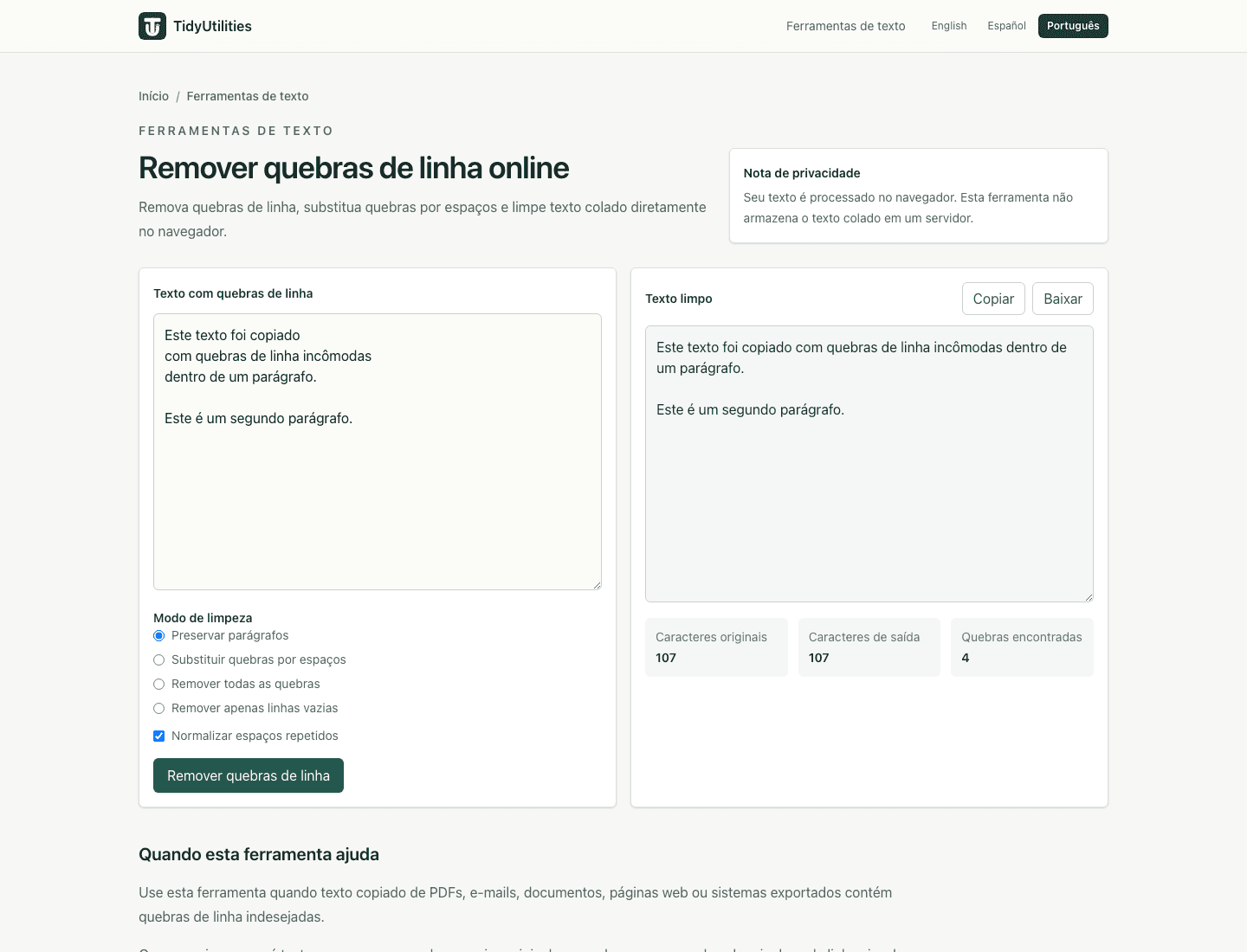 Captura de tela de Remover quebras de linha online com texto de amostra, opções selecionadas e saída gerada
