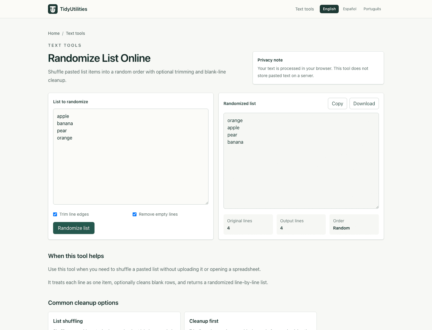 Screenshot of Randomize List Online - Shuffle Names in Browser showing sample input, selected options, and the generated output