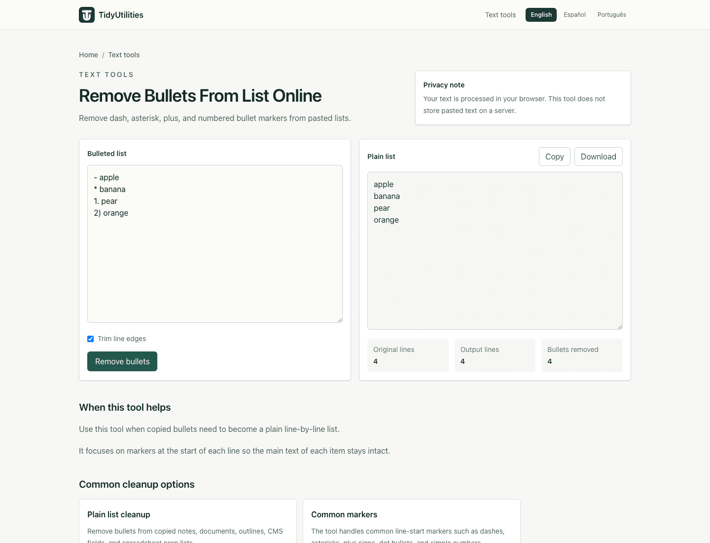Screenshot of Remove Bullets From List Online showing sample input, selected options, and the generated output