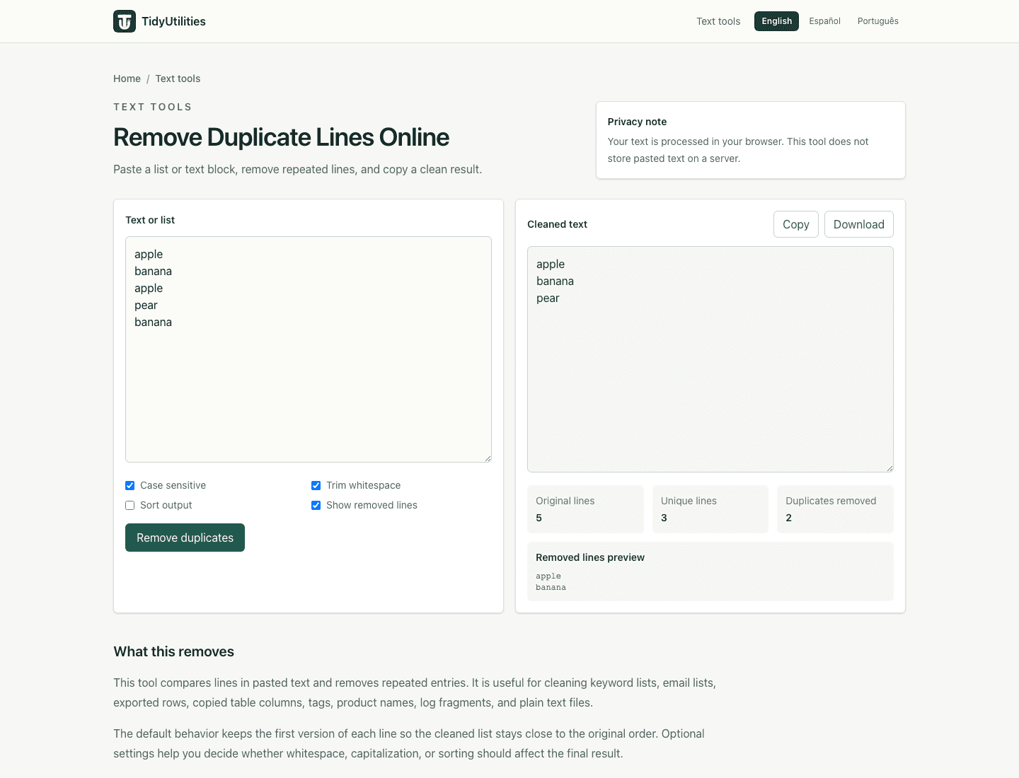 Screenshot of Remove Duplicate Lines Online - Clean Lists in Browser showing sample input, selected options, and the generated output