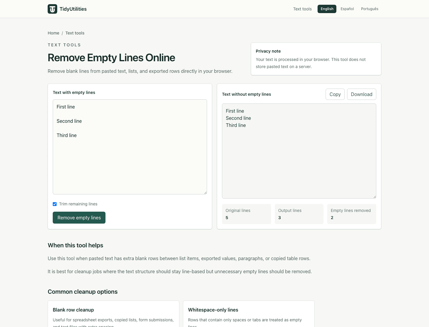 Screenshot of Remove Empty Lines Online showing sample input, selected options, and the generated output