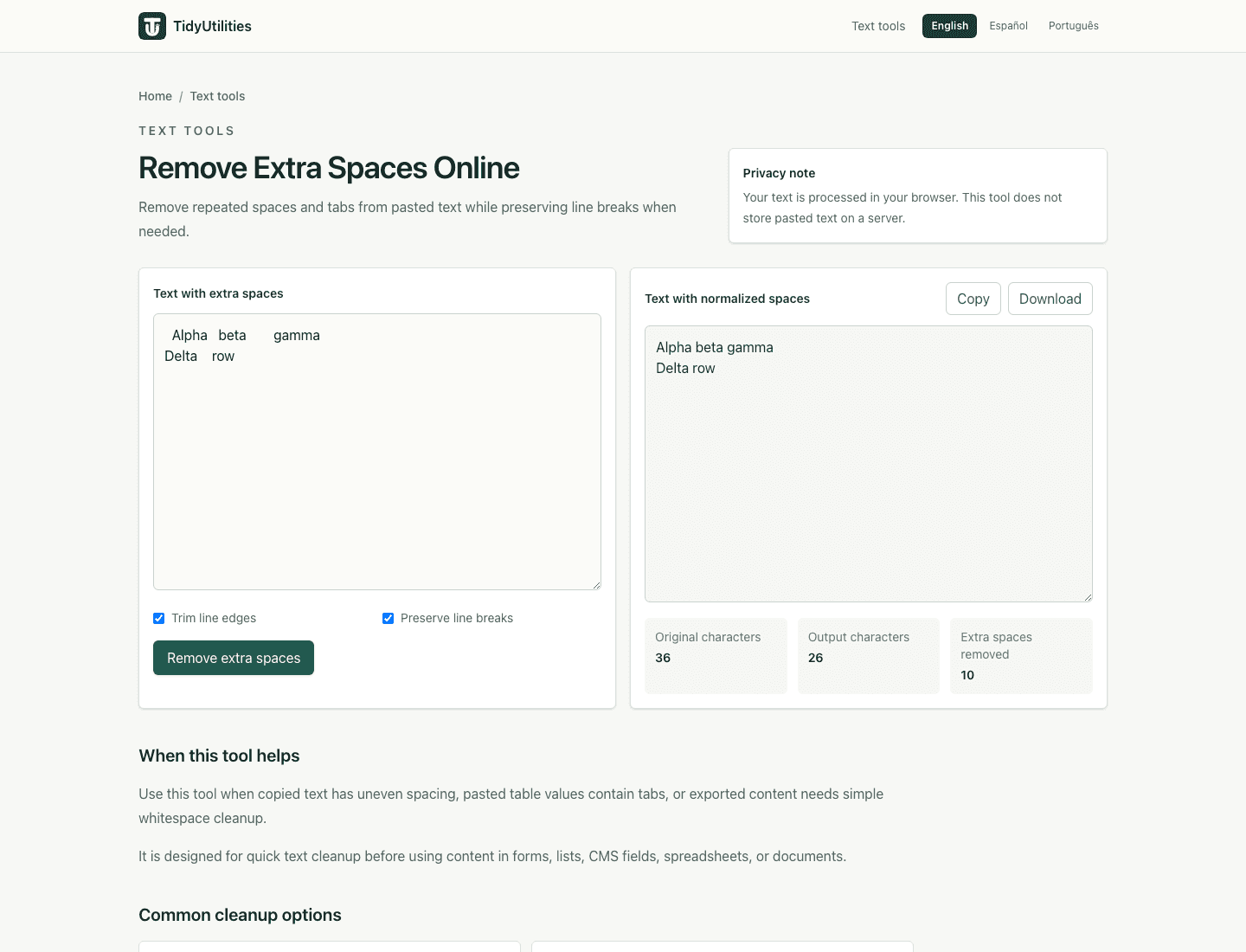 Screenshot of Remove Extra Spaces Online showing sample input, selected options, and the generated output