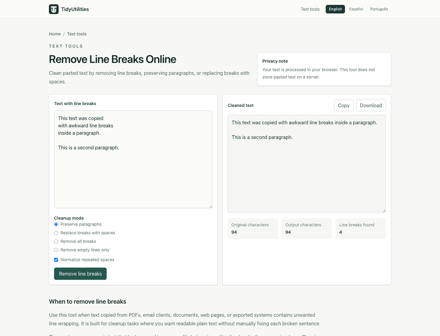 Screenshot of Remove Line Breaks Online showing sample input, selected options, and the generated output
