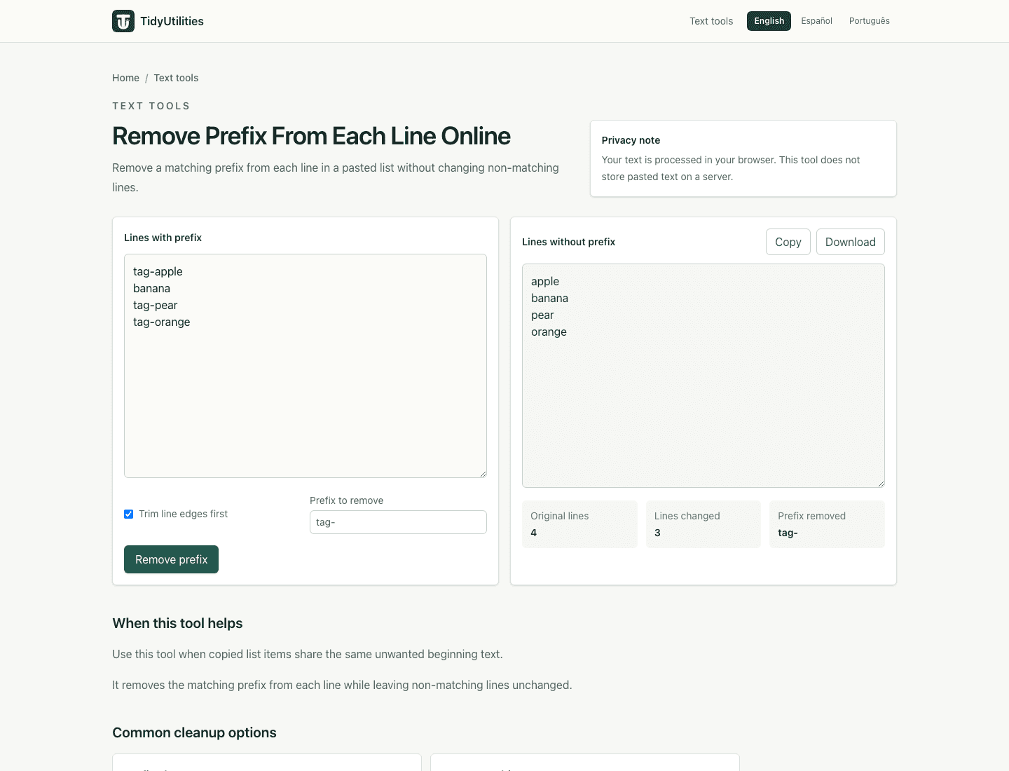 Screenshot of Remove Prefix From Each Line Online showing sample input, selected options, and the generated output