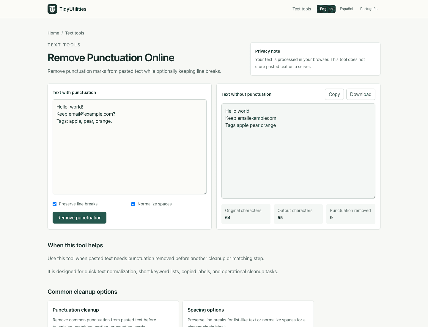 Screenshot of Remove Punctuation Online showing sample input, selected options, and the generated output
