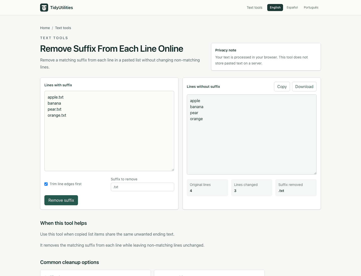 Screenshot of Remove Suffix From Each Line Online showing sample input, selected options, and the generated output