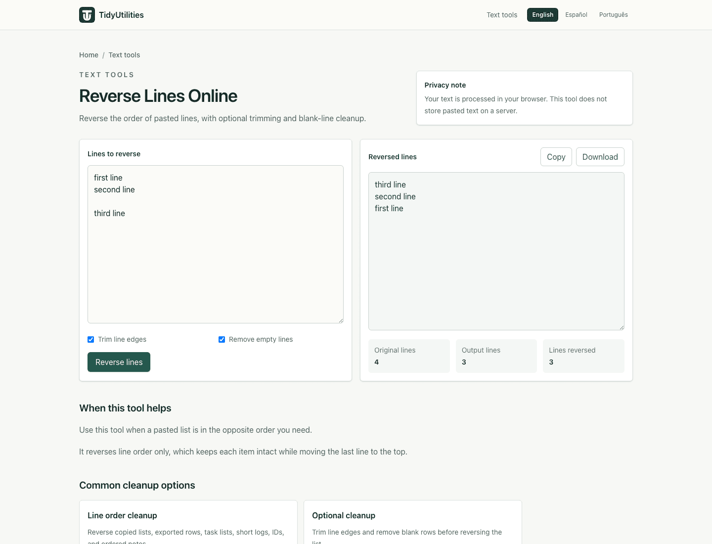 Screenshot of Reverse Lines Online showing sample input, selected options, and the generated output