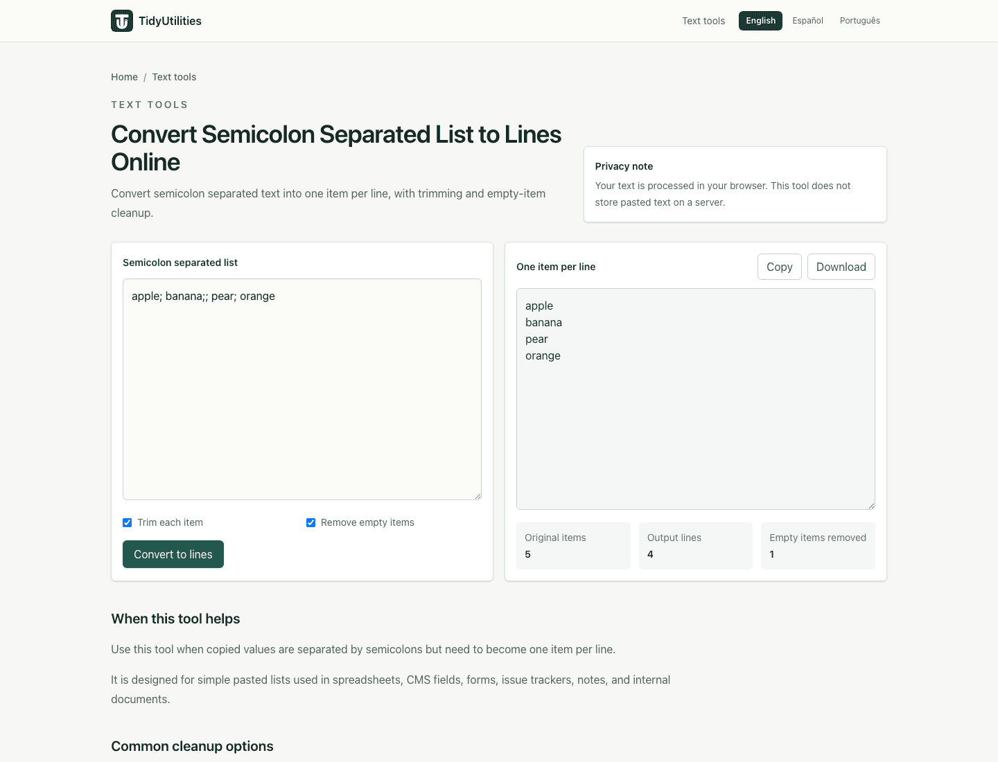 Screenshot of Convert Semicolon Separated List to Lines Online showing sample input, selected options, and the generated output