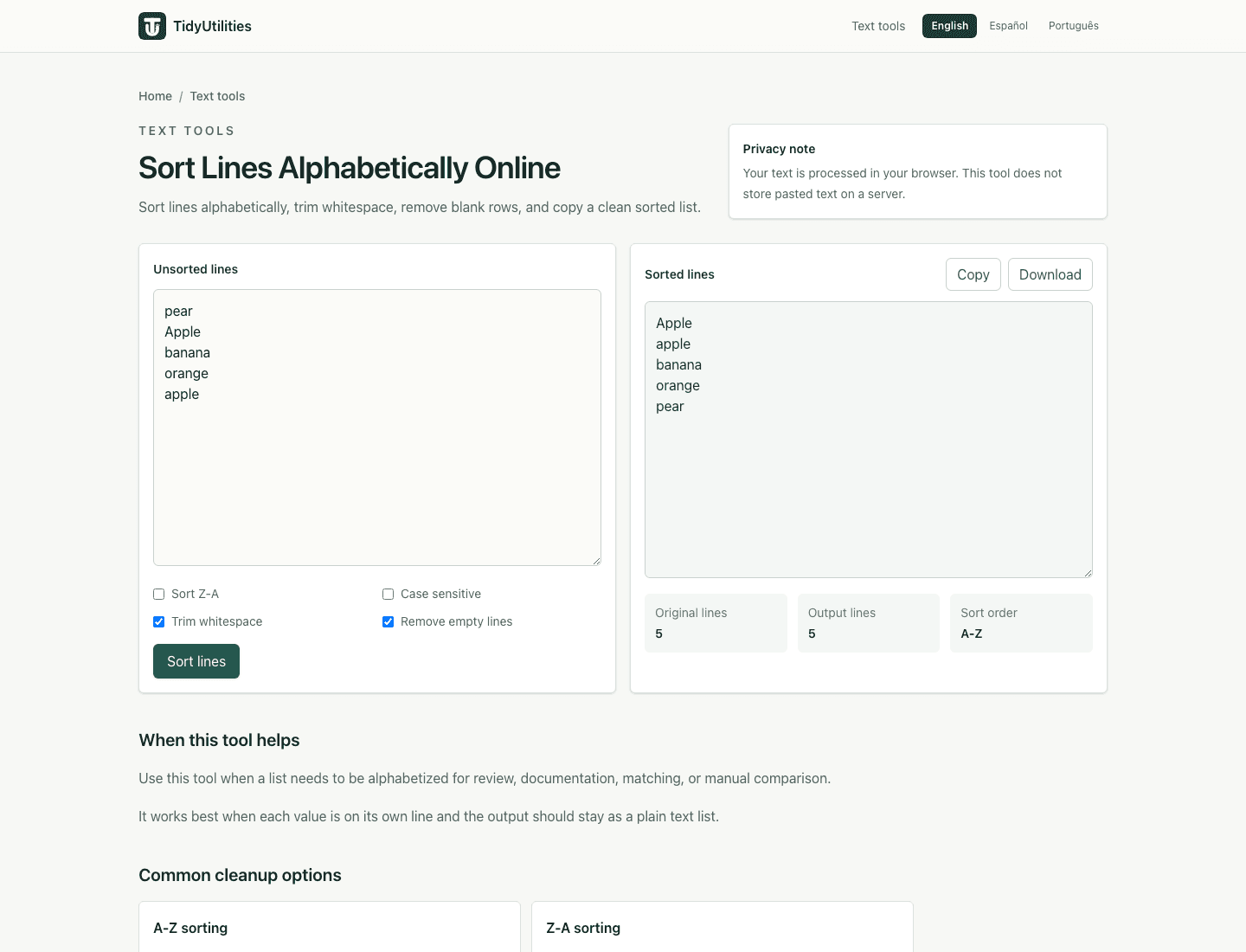 Screenshot of Sort Lines Alphabetically Online showing sample input, selected options, and the generated output