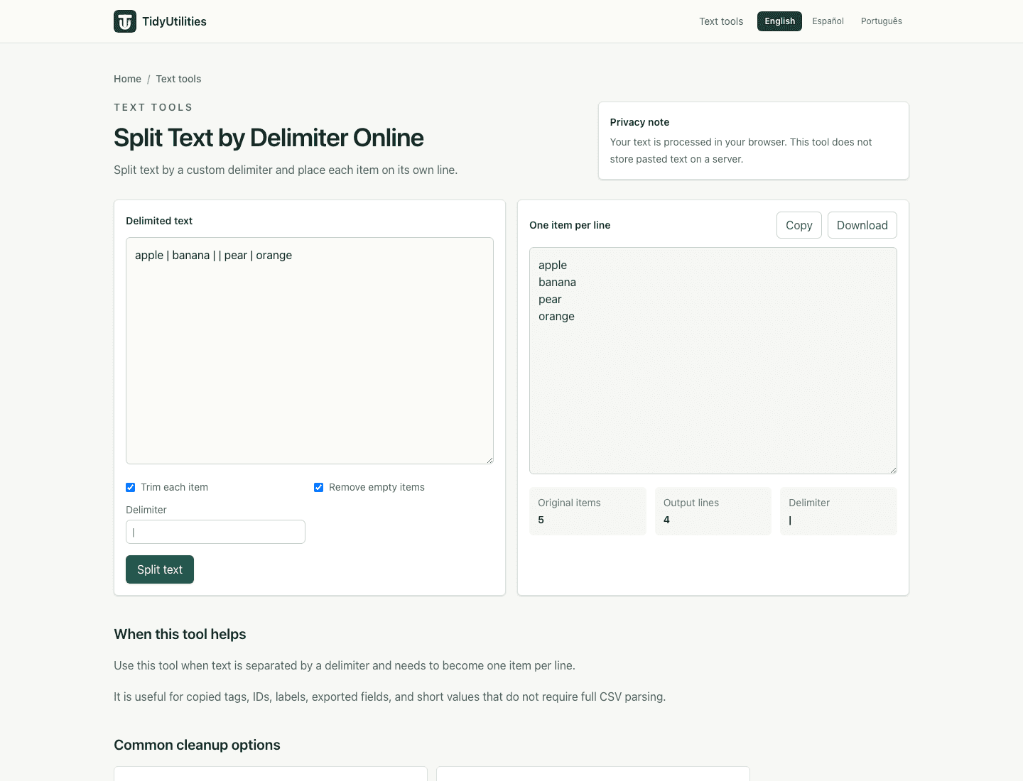 Screenshot of Split Text by Delimiter - Custom Separator to Lines showing sample input, selected options, and the generated output