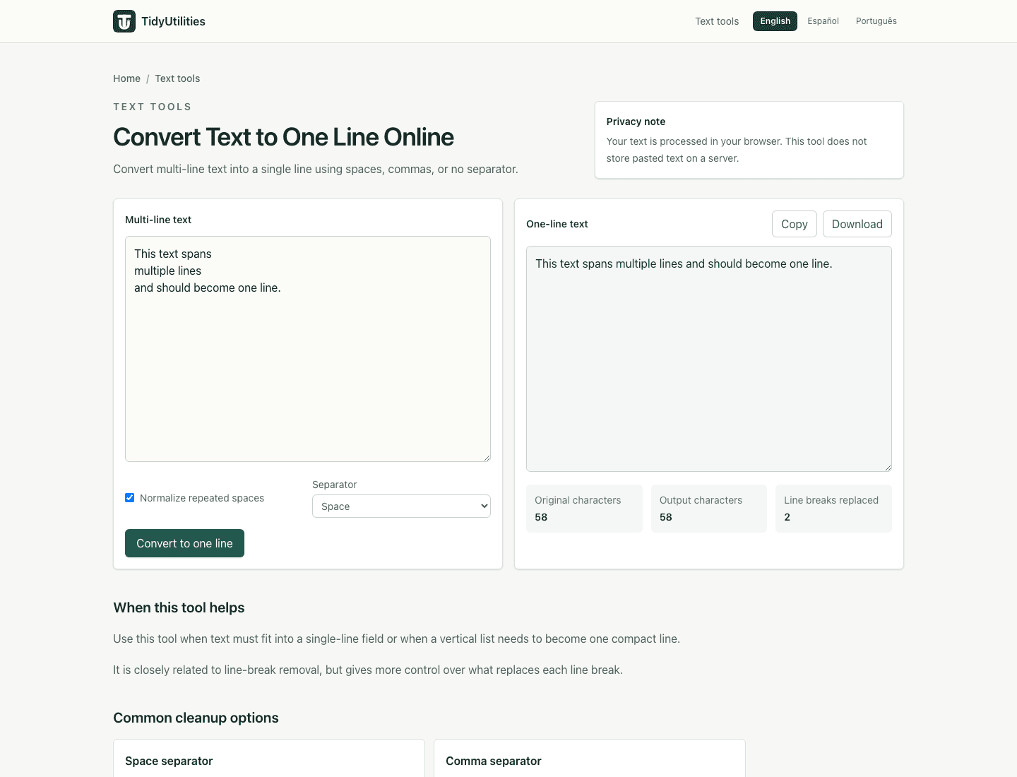 Screenshot of Convert Text to One Line Online showing sample input, selected options, and the generated output