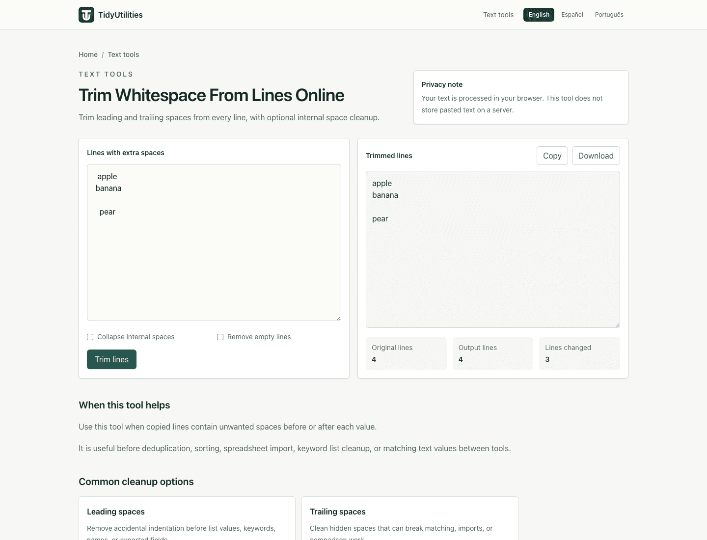 Screenshot of Trim Whitespace From Lines Online showing sample input, selected options, and the generated output