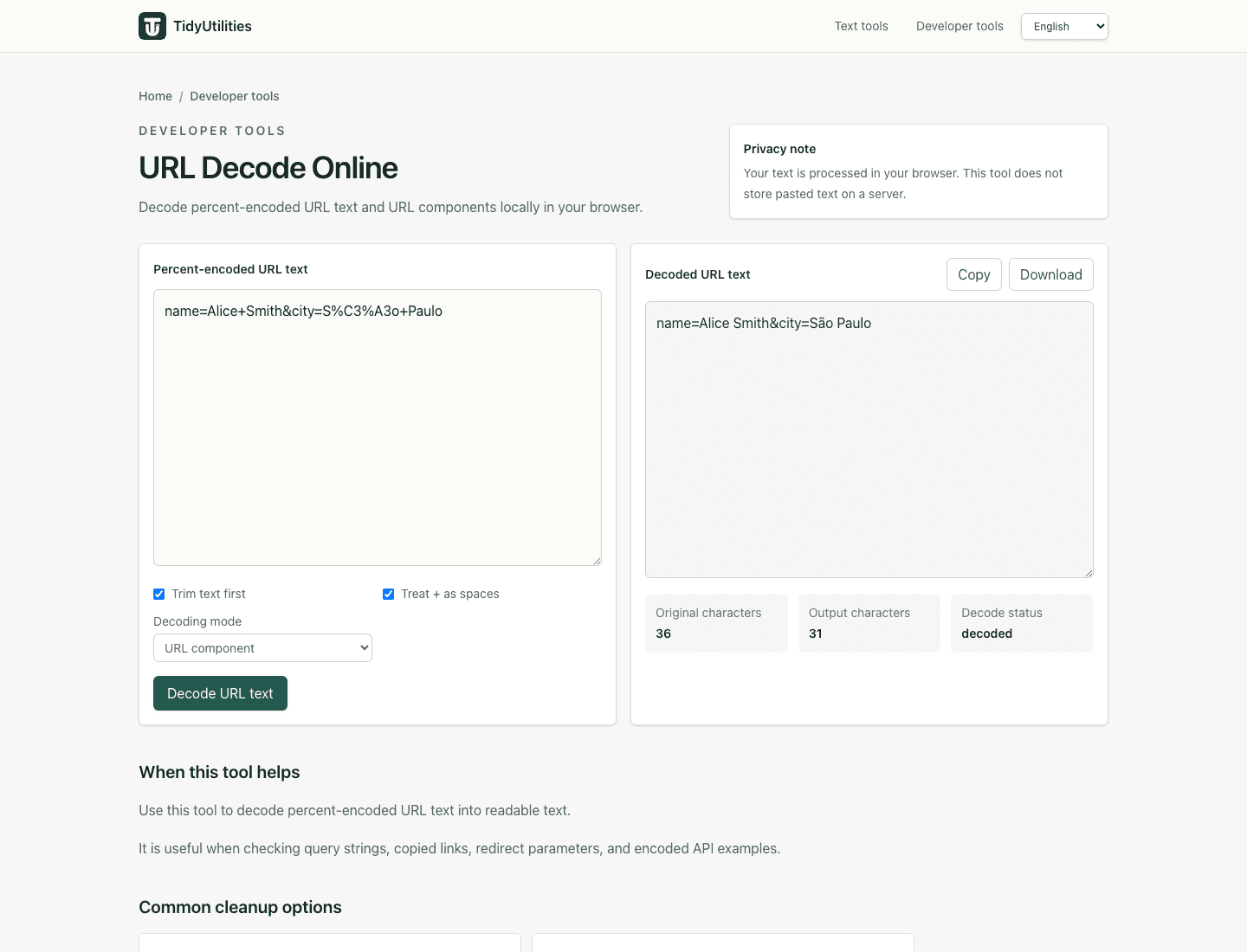 Screenshot of URL Decode Online showing sample input, selected options, and the generated output