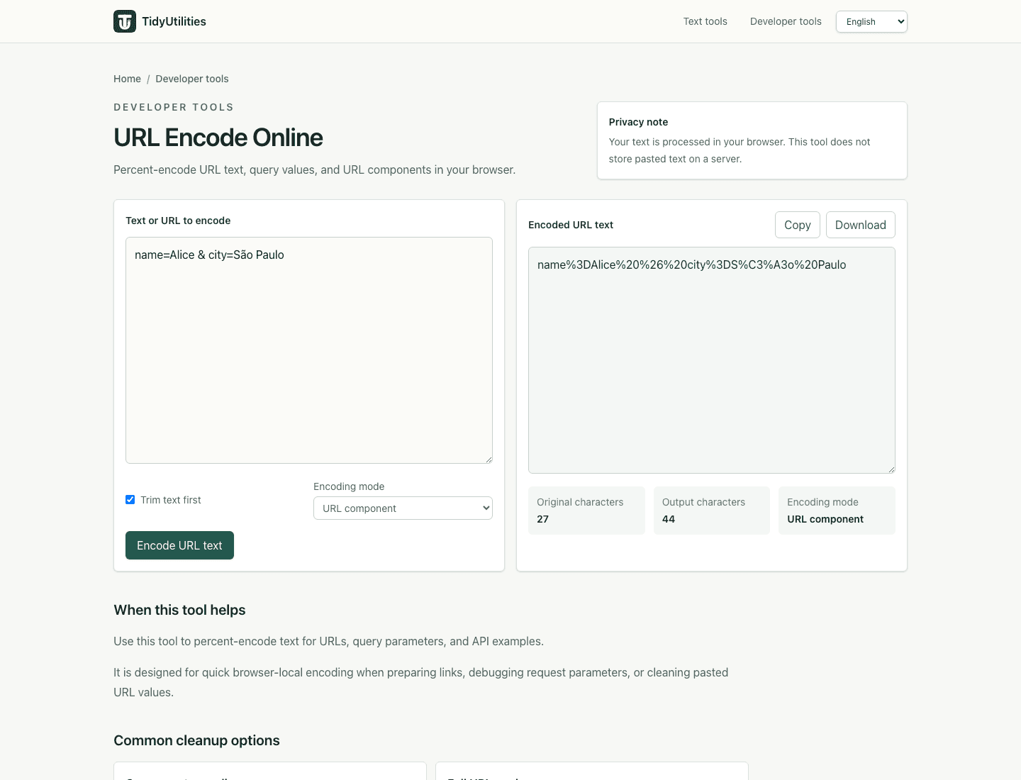Screenshot of URL Encode Online showing sample input, selected options, and the generated output