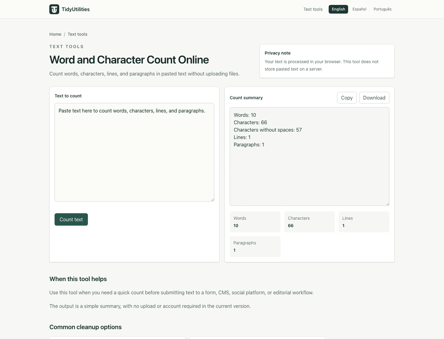 Screenshot of Word and Character Count Online showing sample input, selected options, and the generated output