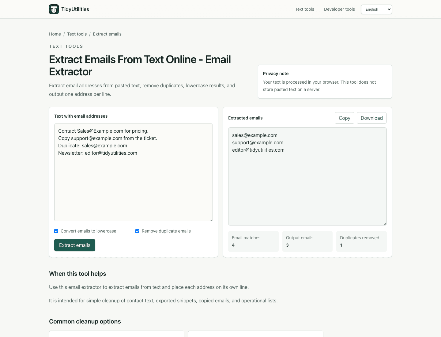 Extract emails tool showing deduplicated lowercase email output