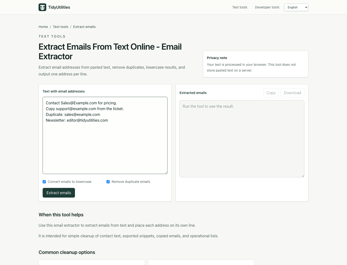 Extract emails tool with mixed contact text before email cleanup