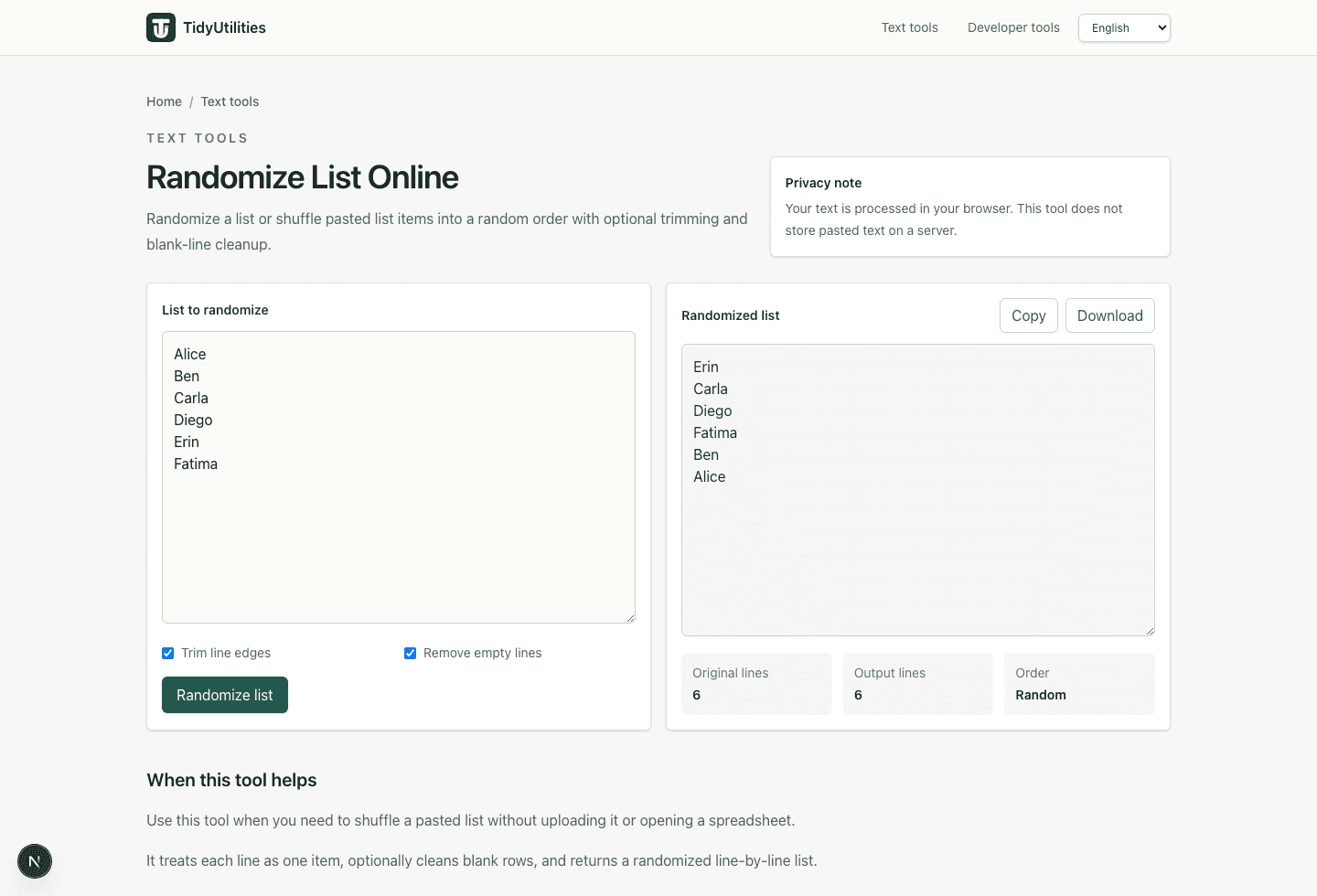 Randomize list tool showing shuffled list output