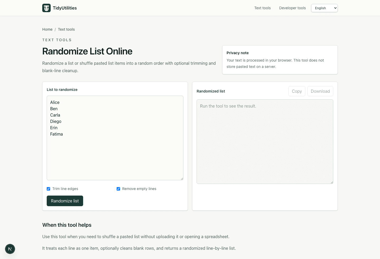 Randomize list tool with six names before shuffling
