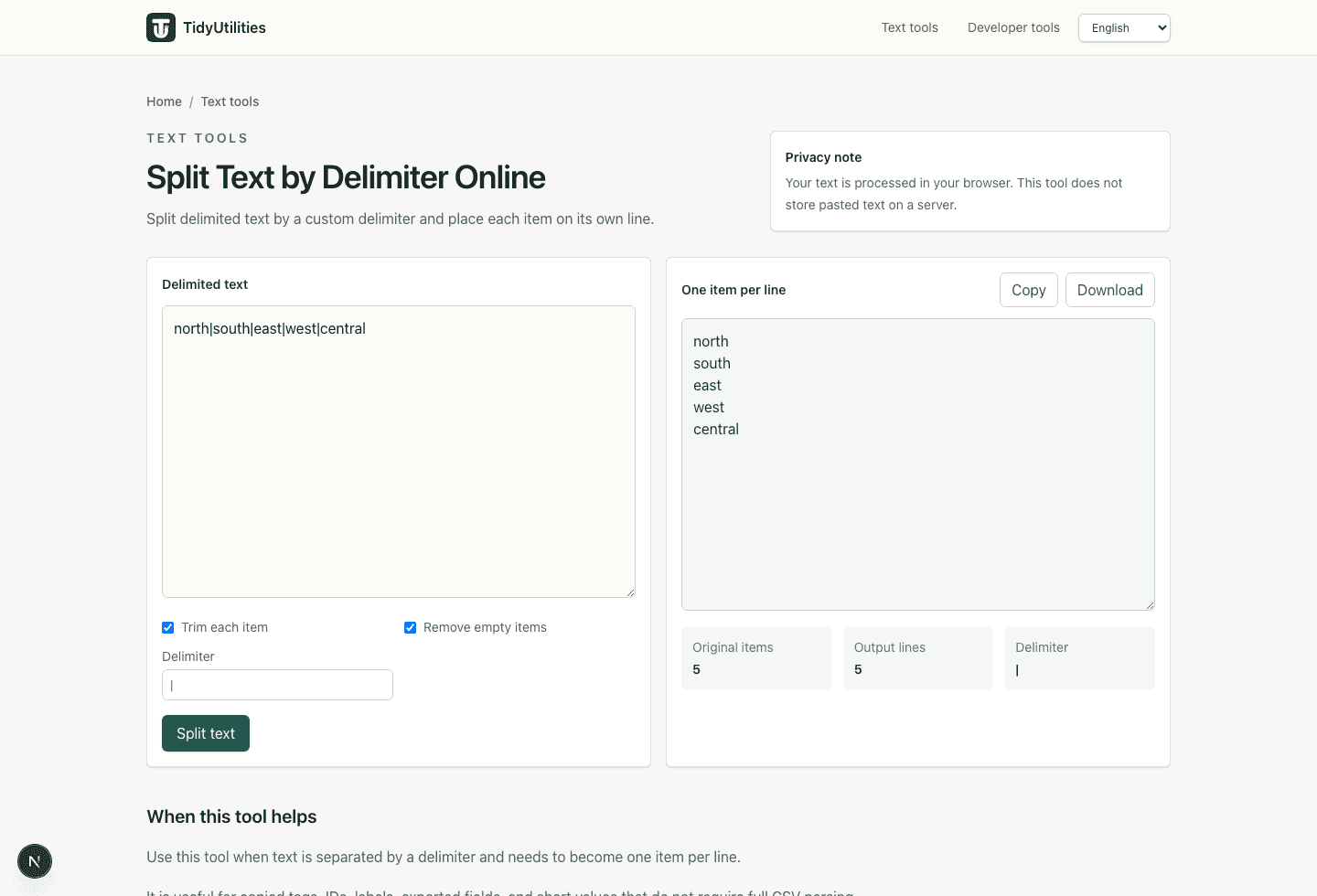 Split text by delimiter tool showing one item per line after splitting