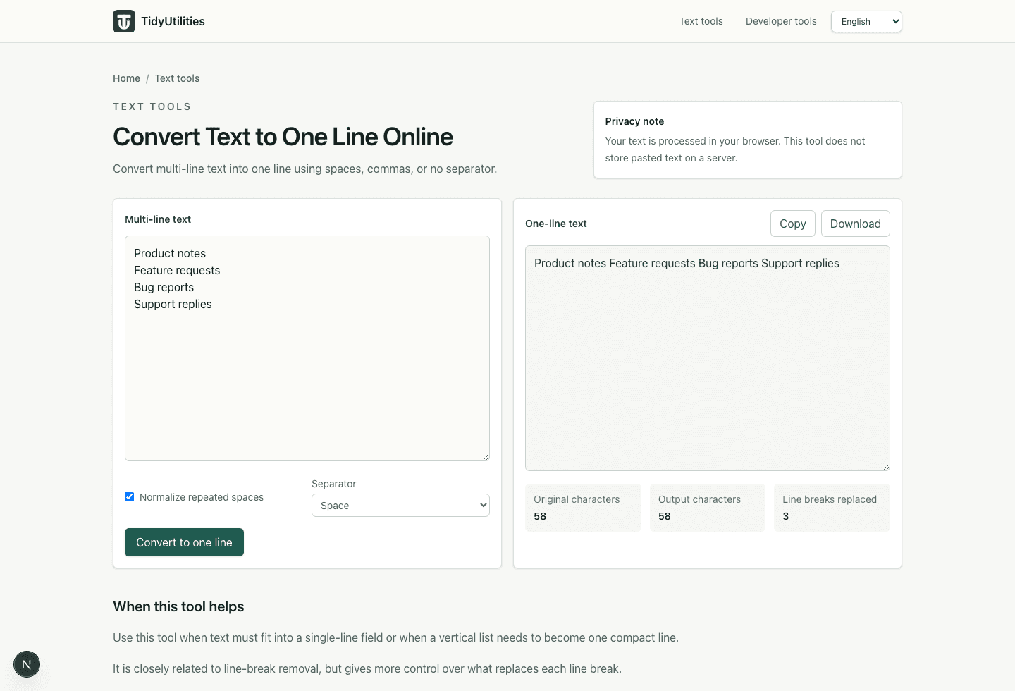 Text to one line tool showing one-line output after conversion