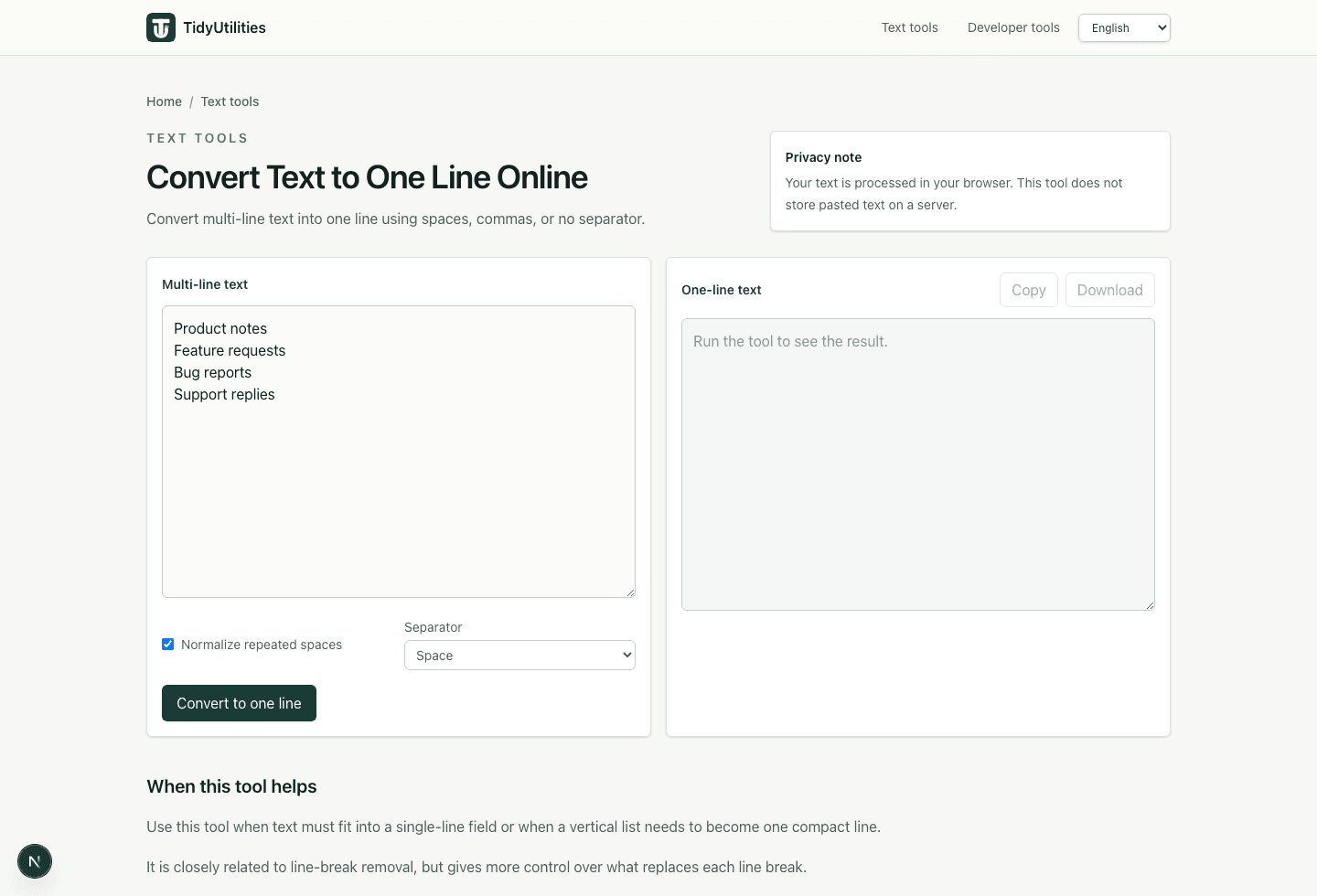 Text to one line tool with four input lines before conversion